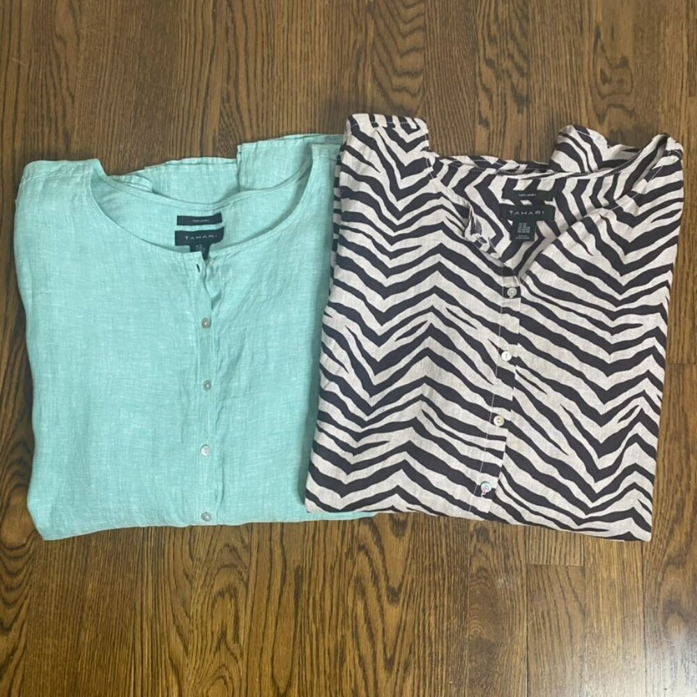 (2) Tahari linen tunic blouses 3X green brown stripe